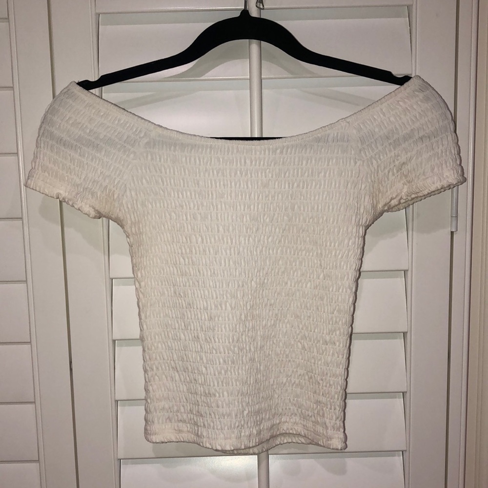 Off the shoulder, white rouched crop top